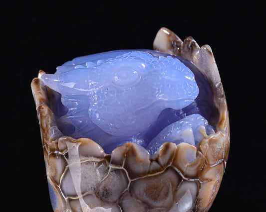 3.4" Blue Chalcedony Hand Carved Crystal Baby Dinosaur Egg Sculpture