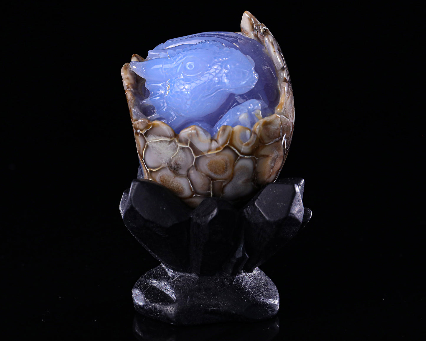 3.4" Blue Chalcedony Hand Carved Crystal Baby Dinosaur Egg Sculpture