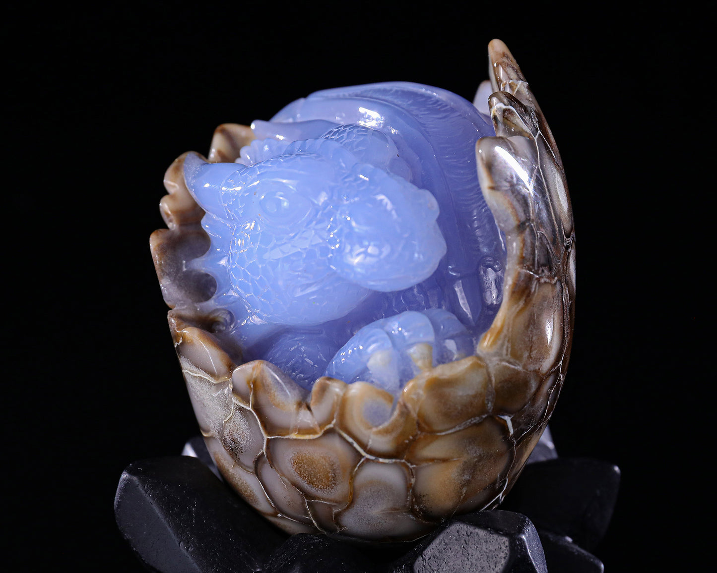 3.4" Blue Chalcedony Hand Carved Crystal Baby Dinosaur Egg Sculpture