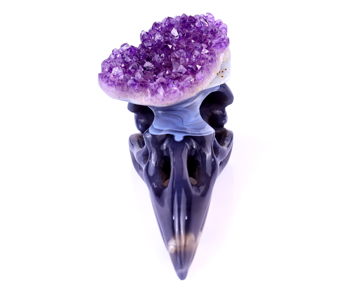 5.0" Amethyst Druse Agate Hand Carved Crystal Raven Skull Sculpture Crystallumi