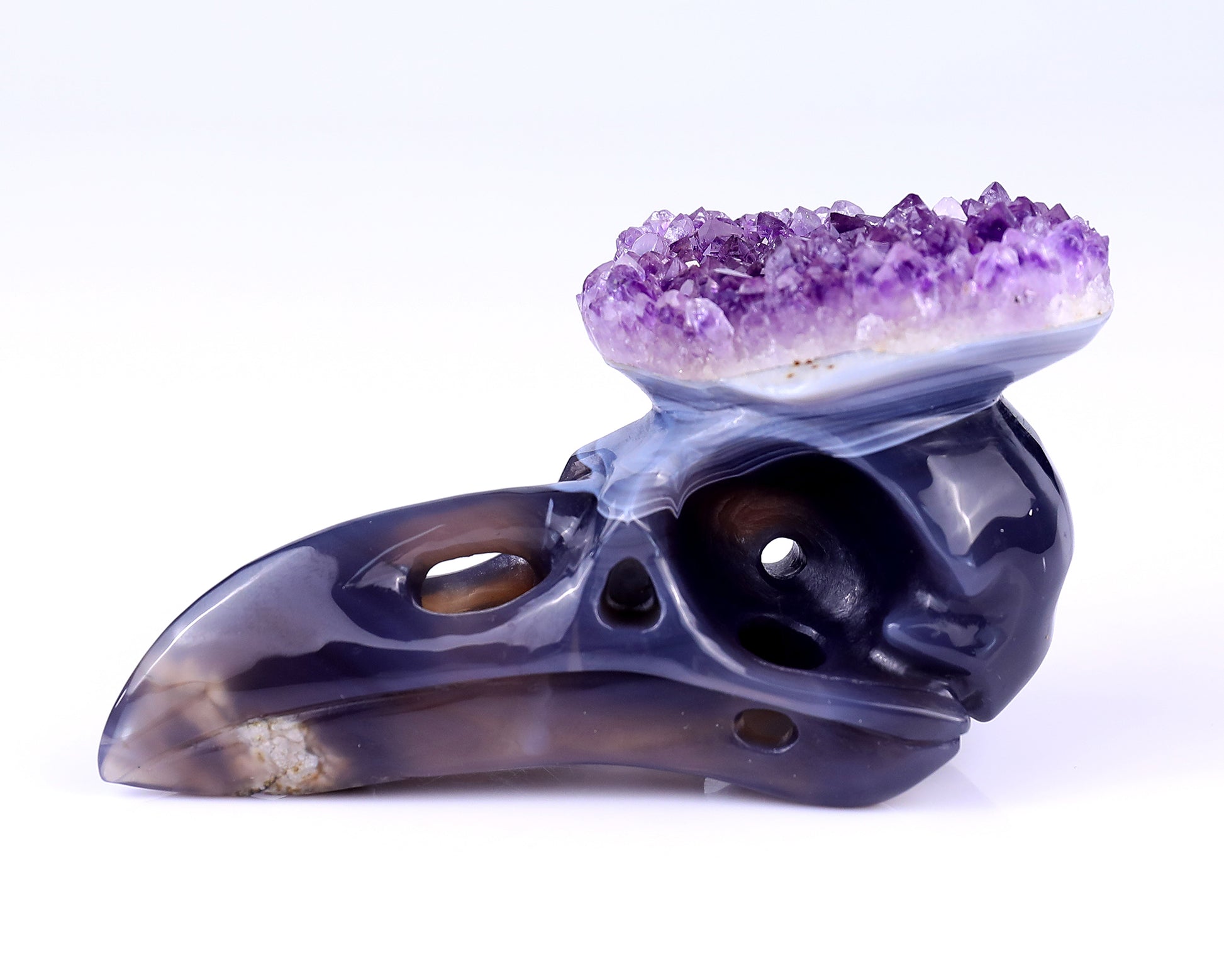 5.0" Amethyst Druse Agate Hand Carved Crystal Raven Skull Sculpture Crystallumi