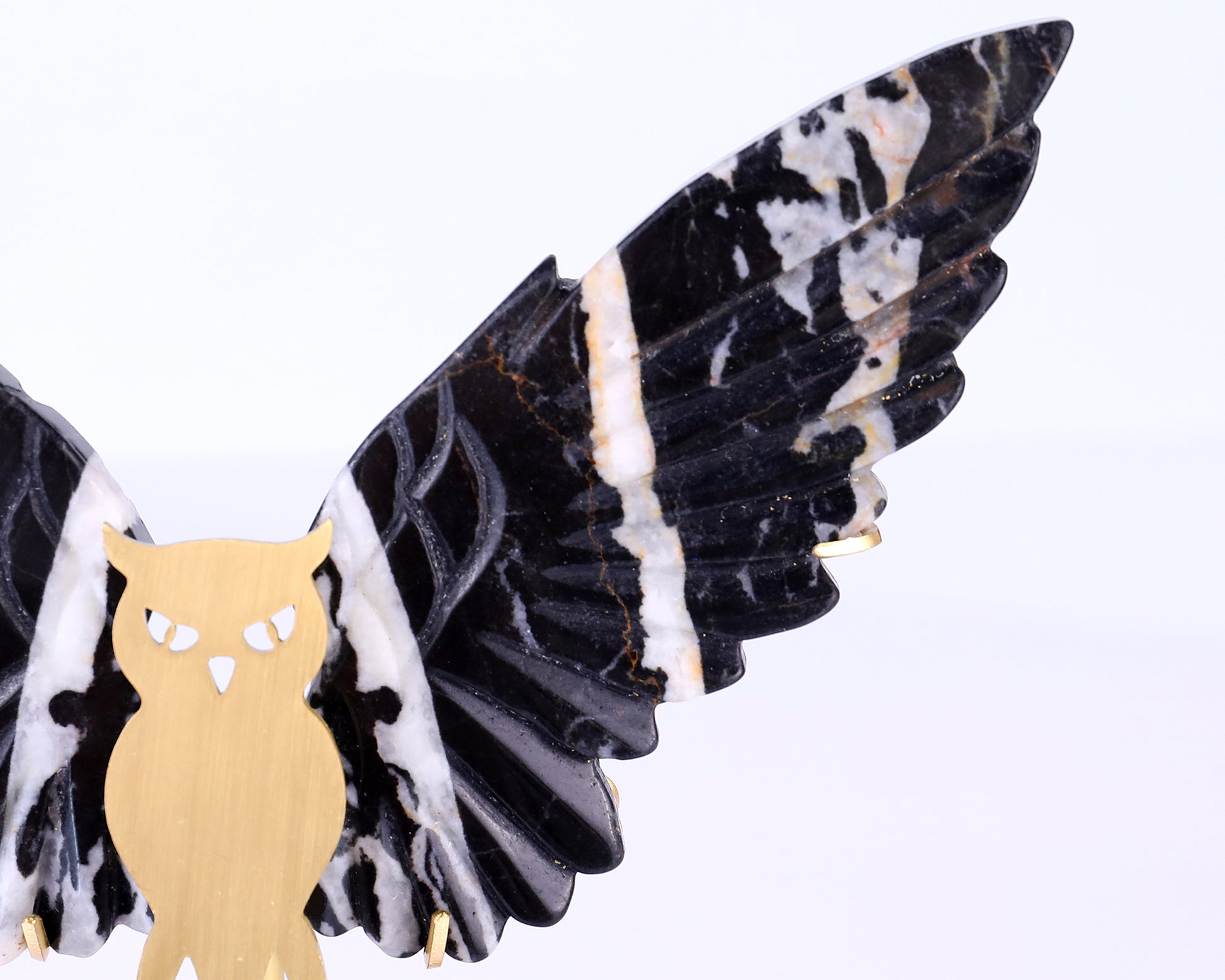 5.0" Black and White Zebra Agate Hand Carved Crystal Owl Wings Sculpture Crystallumi