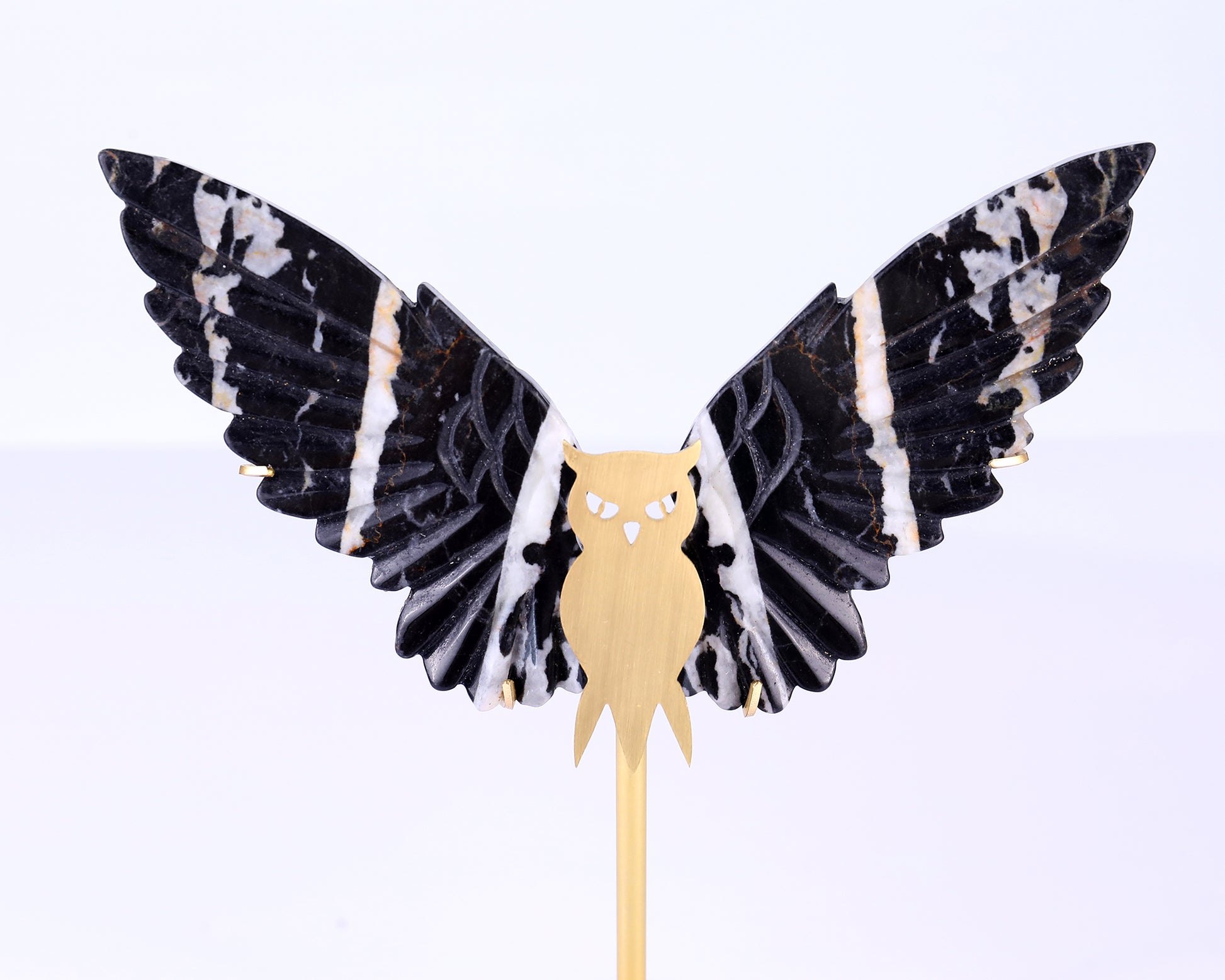 5.0" Black and White Zebra Agate Hand Carved Crystal Owl Wings Sculpture Crystallumi