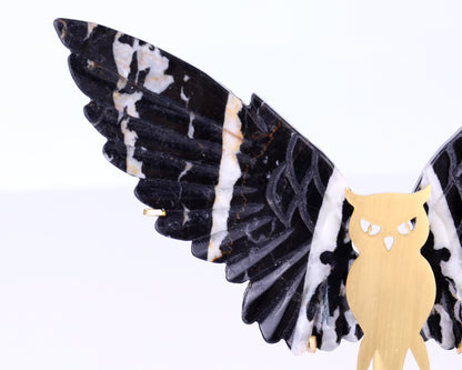 5.0" Black and White Zebra Agate Hand Carved Crystal Owl Wings Sculpture Crystallumi