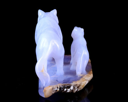 5.0" Blue Chalcedony Hand Carved Crystal Wolves Sculpture Crystallumi