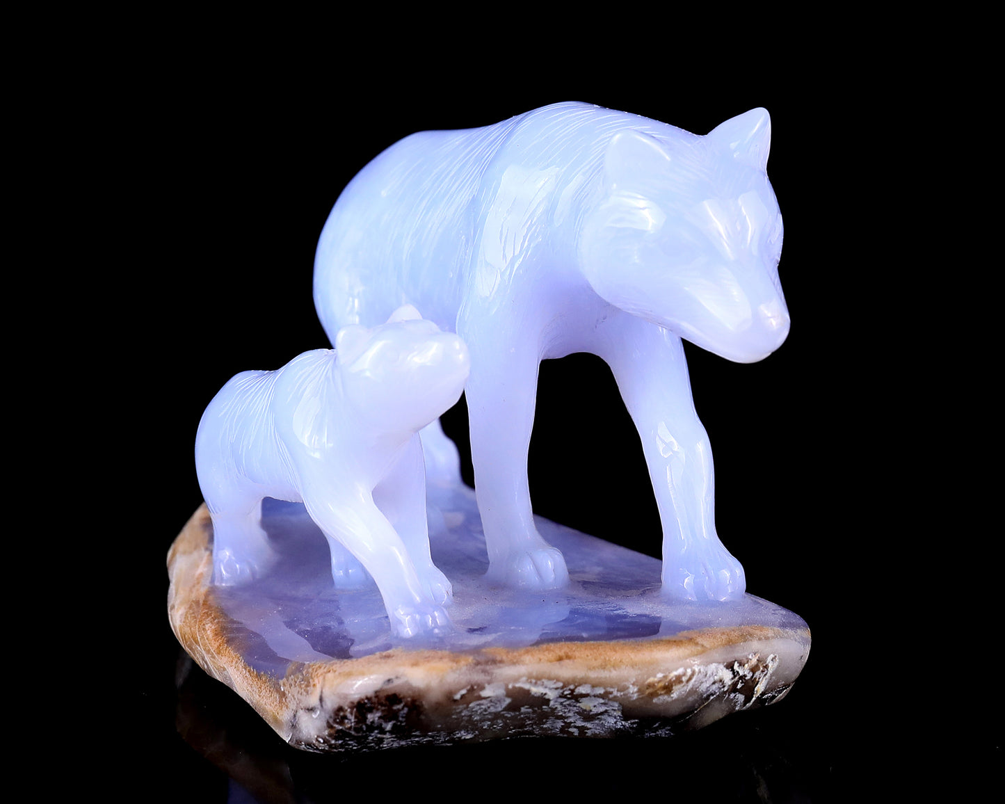 5.0" Blue Chalcedony Hand Carved Crystal Wolves Sculpture Crystallumi