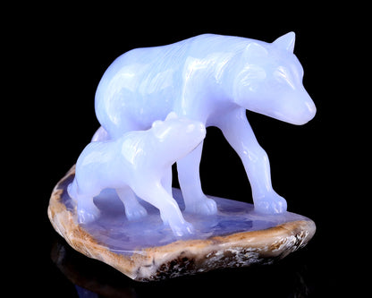 5.0" Blue Chalcedony Hand Carved Crystal Wolves Sculpture Crystallumi