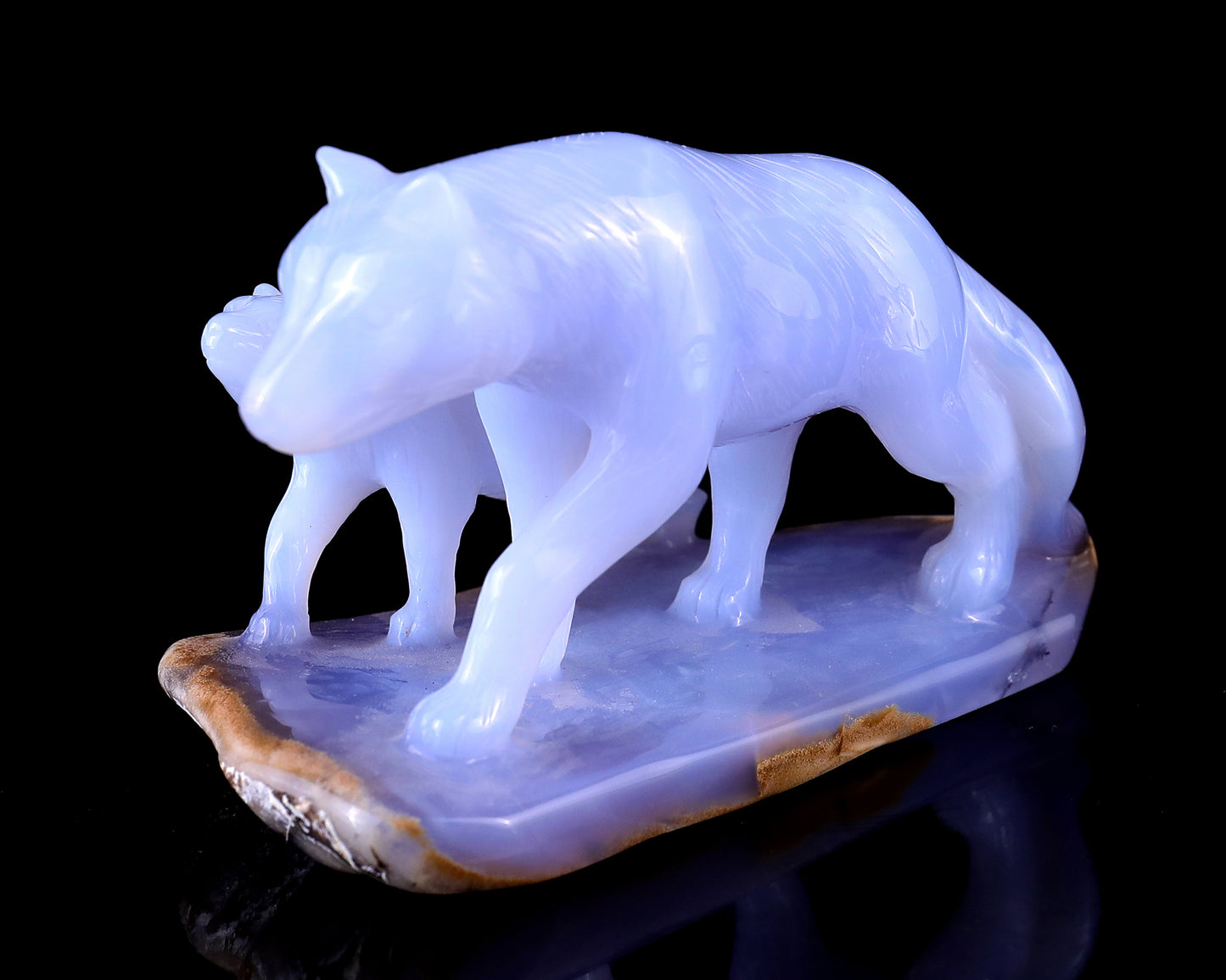 5.0" Blue Chalcedony Hand Carved Crystal Wolves Sculpture Crystallumi