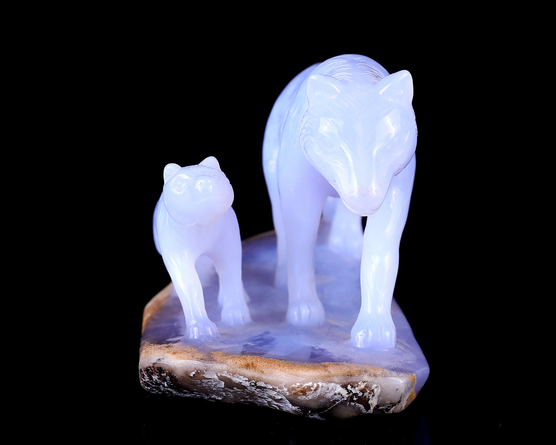 5.0" Blue Chalcedony Hand Carved Crystal Wolves Sculpture Crystallumi