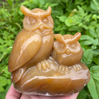 5.0" Chalcedony Hand Carved Crystal Owls Sculpture Crystallumi