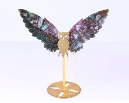 5.0" Indian Agate Hand Carved Crystal Owl Wings Sculpture Crystallumi