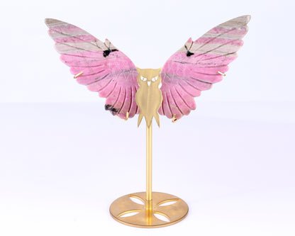 5.0" Rhodonite Hand Carved Crystal Owl Wings Sculpture Crystallumi