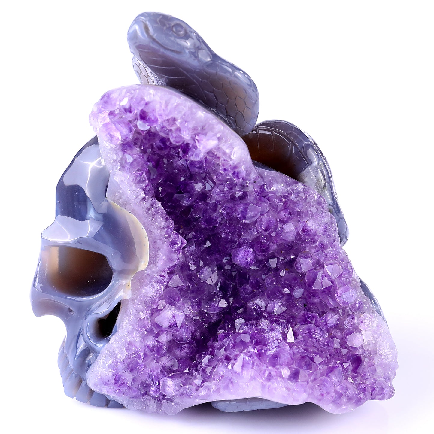 5.1" Amethyst Geode Agate Hand Carved Crystal Snake Sculpture Crystallumi