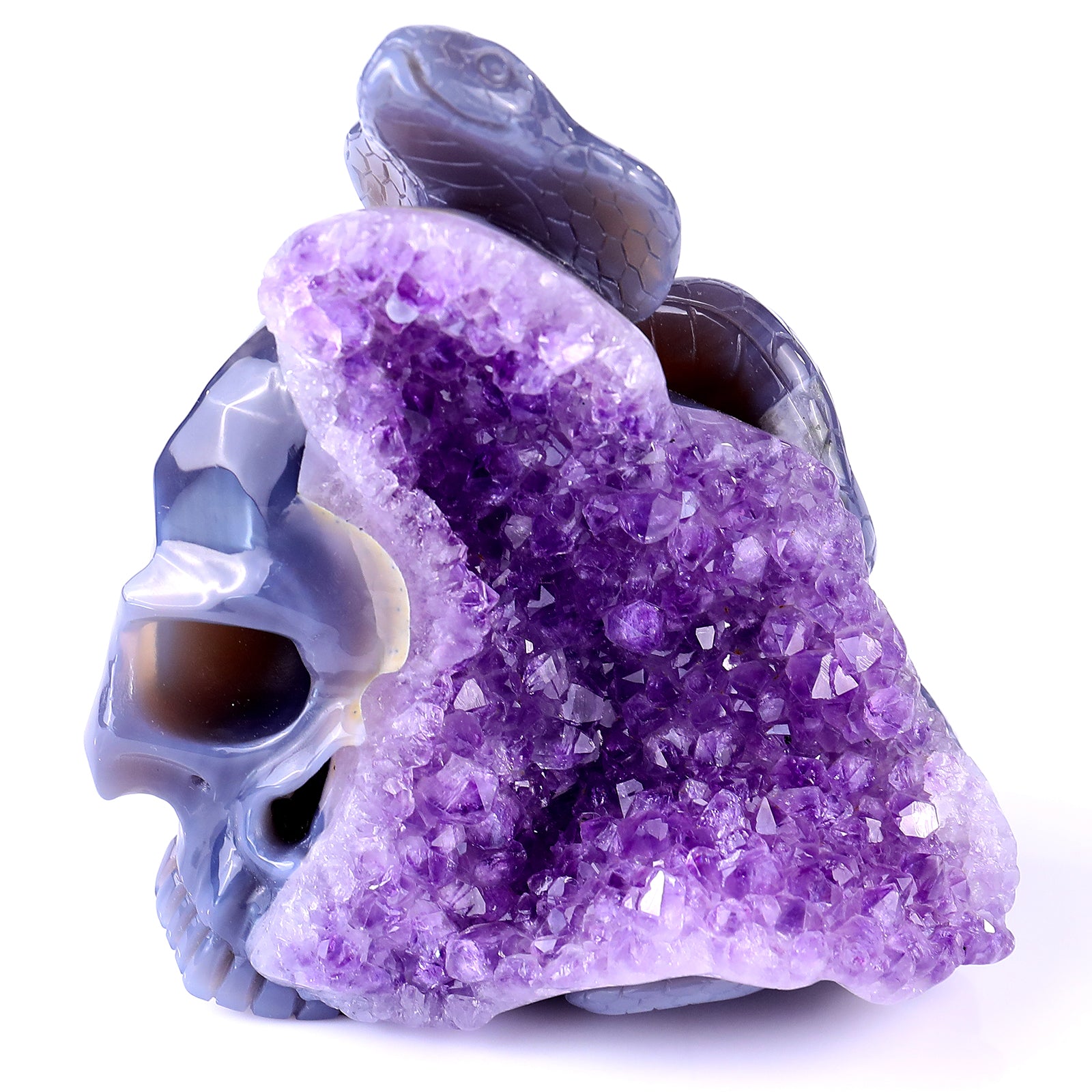 5.1" Amethyst Geode Agate Hand Carved Crystal Snake Sculpture Crystallumi