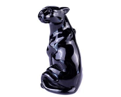 5.1" Black Obsidian Hand Carved Crystal Leopard Sculpture Crystallumi