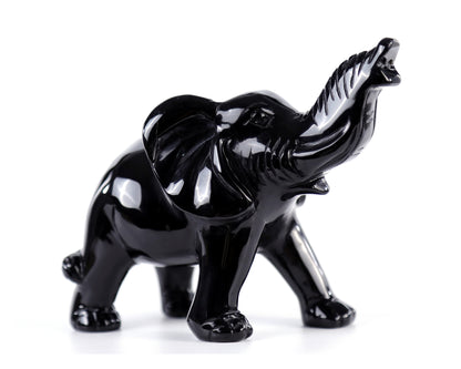 5.2" Black Obsidian Hand Carved Crystal Elephant Sculpture Crystallumi