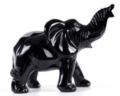 5.2" Black Obsidian Hand Carved Crystal Elephant Sculpture Crystallumi