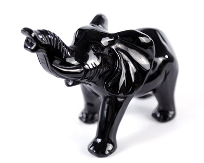 5.2" Black Obsidian Hand Carved Crystal Elephant Sculpture Crystallumi