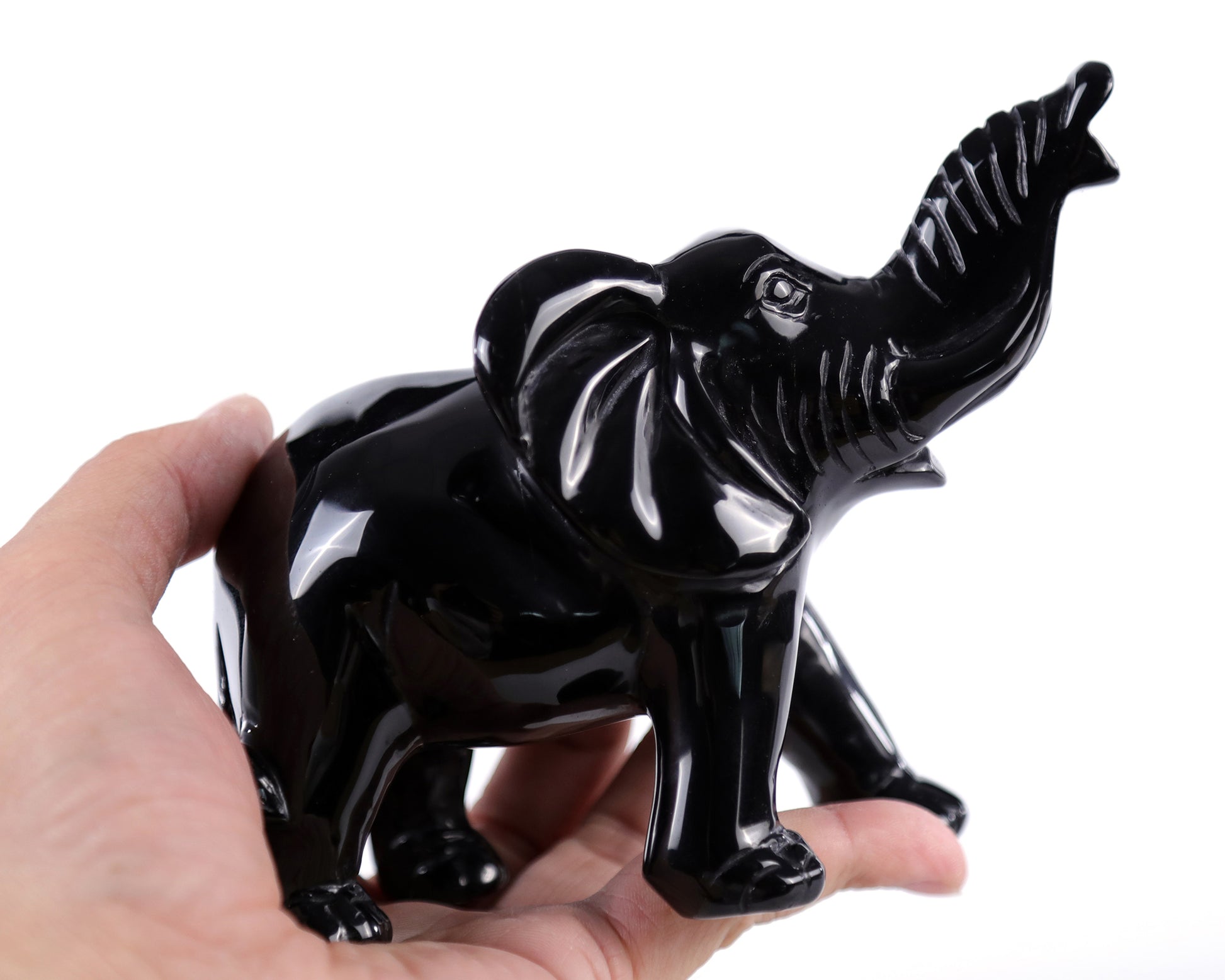 5.2" Black Obsidian Hand Carved Crystal Elephant Sculpture Crystallumi