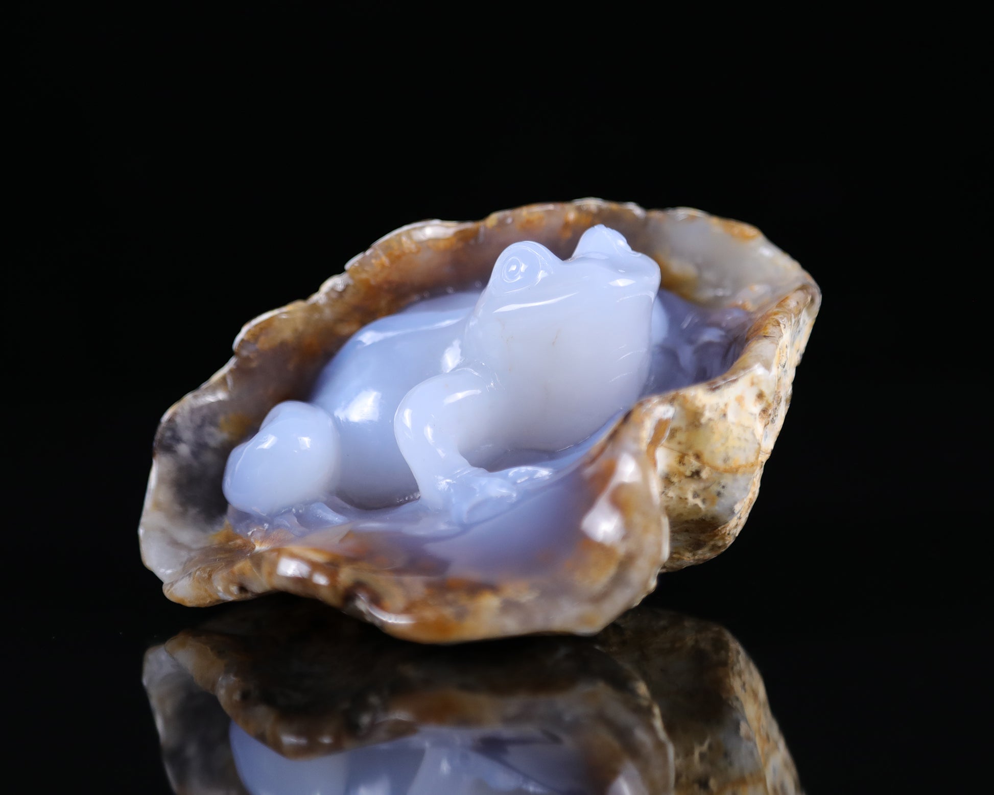 5.2" Blue Chalcedony Hand Carved Crystal Geode Frog Sculpture Crystallumi