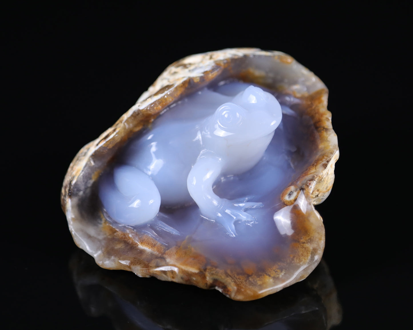 5.2" Blue Chalcedony Hand Carved Crystal Geode Frog Sculpture Crystallumi