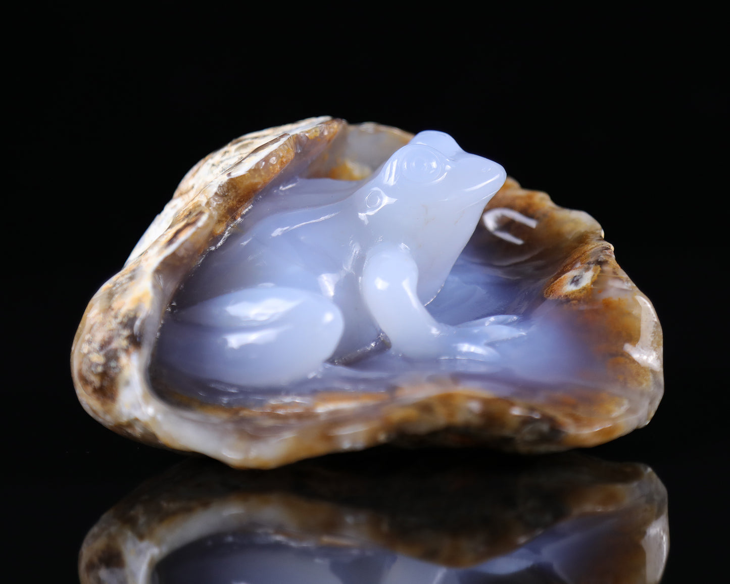 5.2" Blue Chalcedony Hand Carved Crystal Geode Frog Sculpture Crystallumi