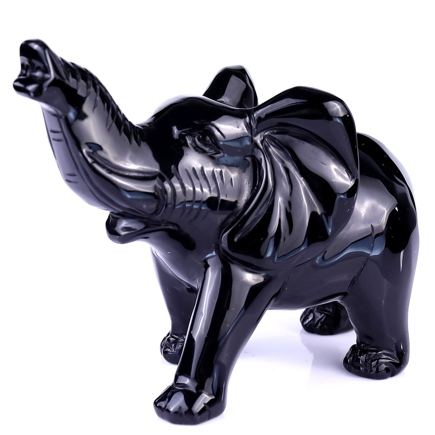 5.3" Black Obsidian Hand Carved Crystal Elephant Sculpture Crystallumi