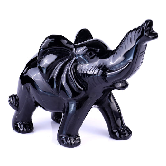 5.3" Black Obsidian Hand Carved Crystal Elephant Sculpture Crystallumi