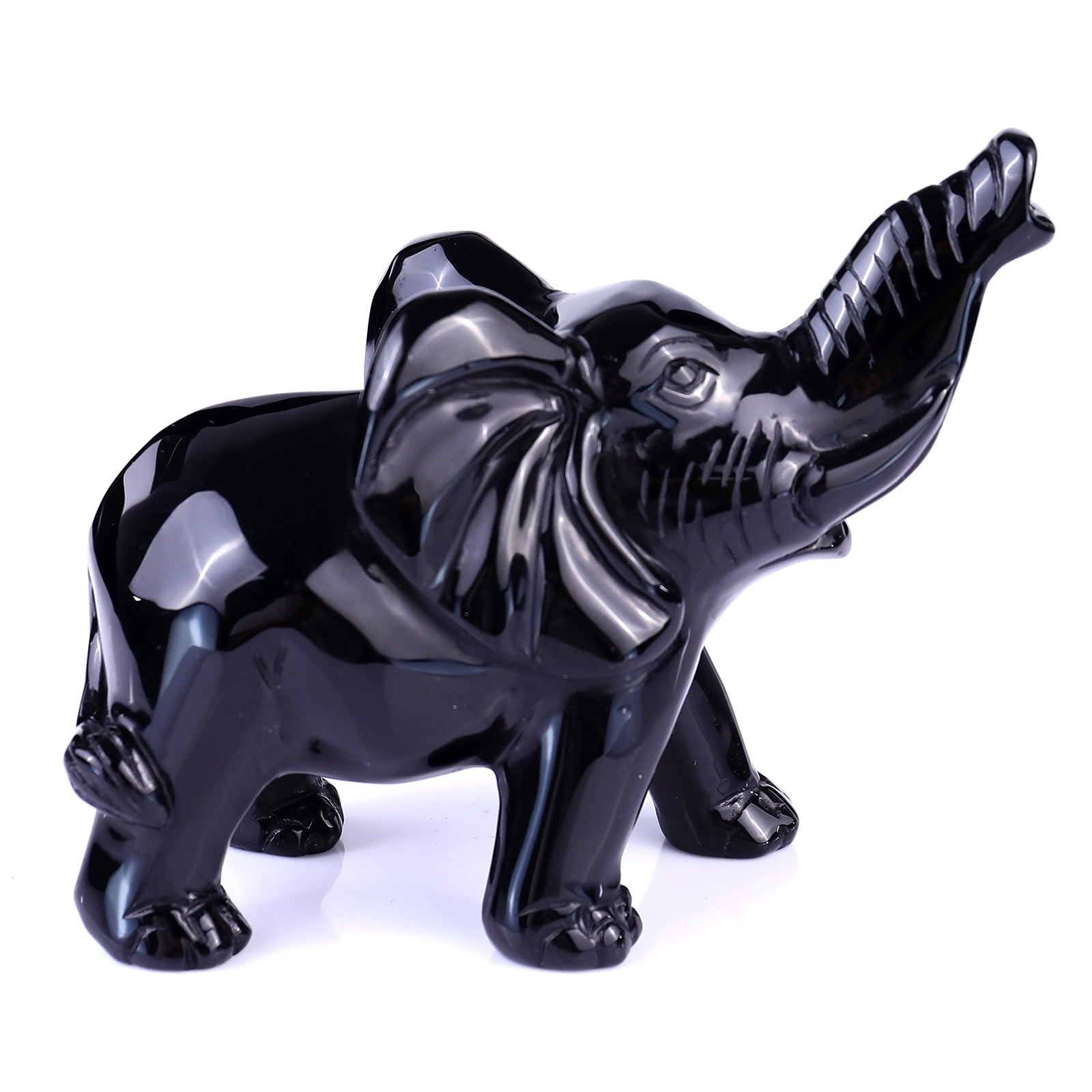 5.3" Black Obsidian Hand Carved Crystal Elephant Sculpture Crystallumi