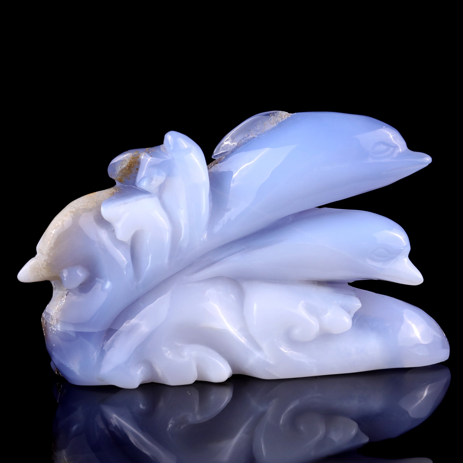 5.3" Blue Chalcedony Hand Carved Crystal Dolphins Sculpture Crystallumi