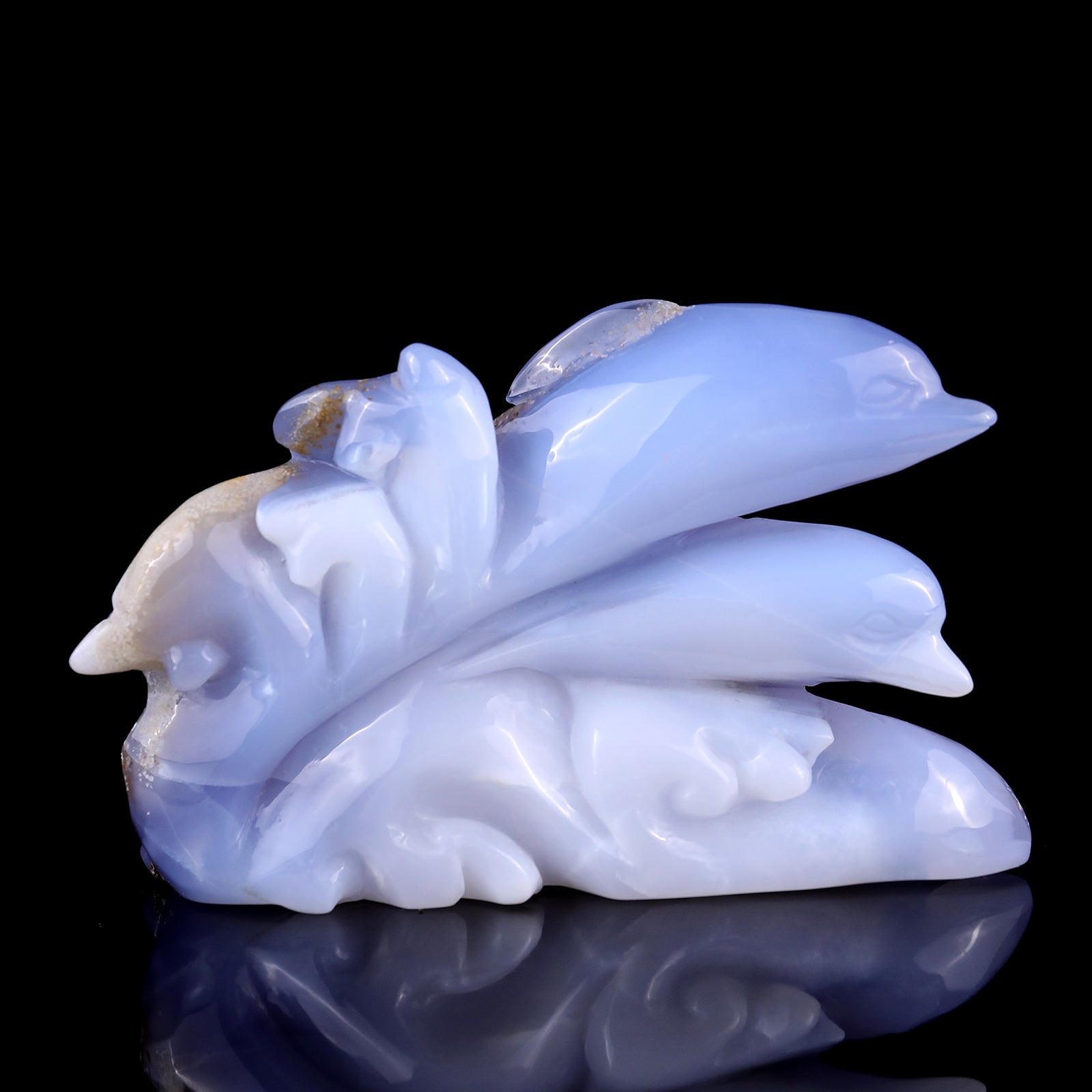 5.3" Blue Chalcedony Hand Carved Crystal Dolphins Sculpture Crystallumi