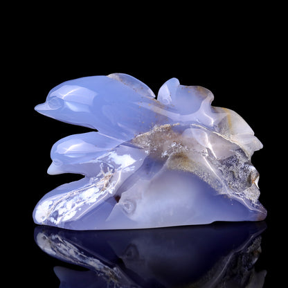 5.3" Blue Chalcedony Hand Carved Crystal Dolphins Sculpture Crystallumi