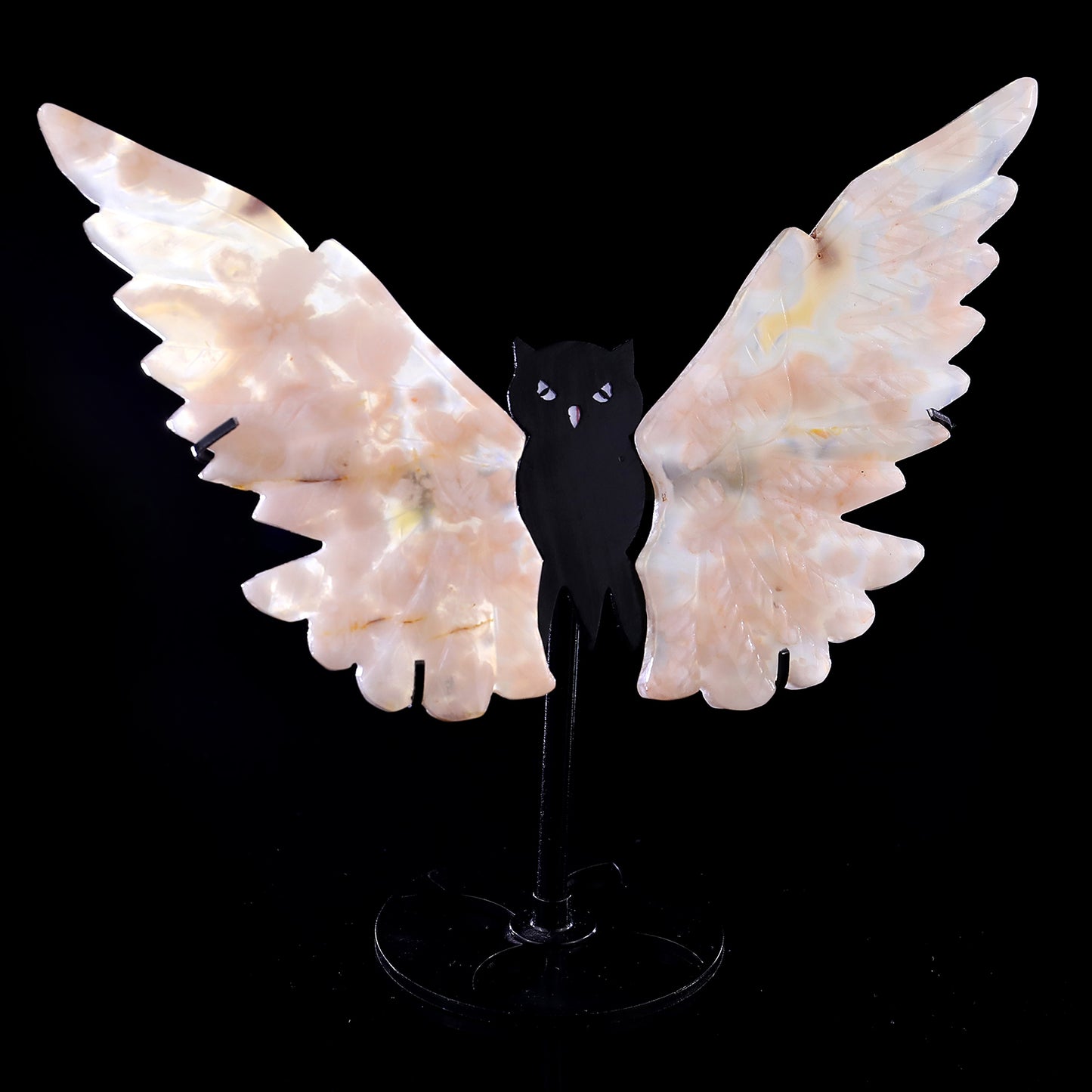 5.3" Sakura Agate Hand Carved Crystal Owl Wings Sculpture Crystallumi