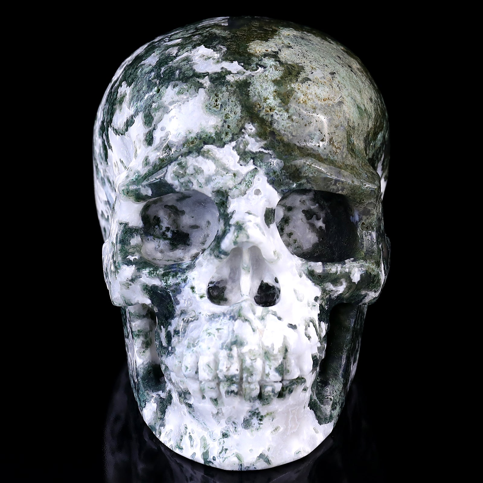 5.4" Moss Agate Hand Carved Crystal Realistic Skull Sculpture Crystallumi