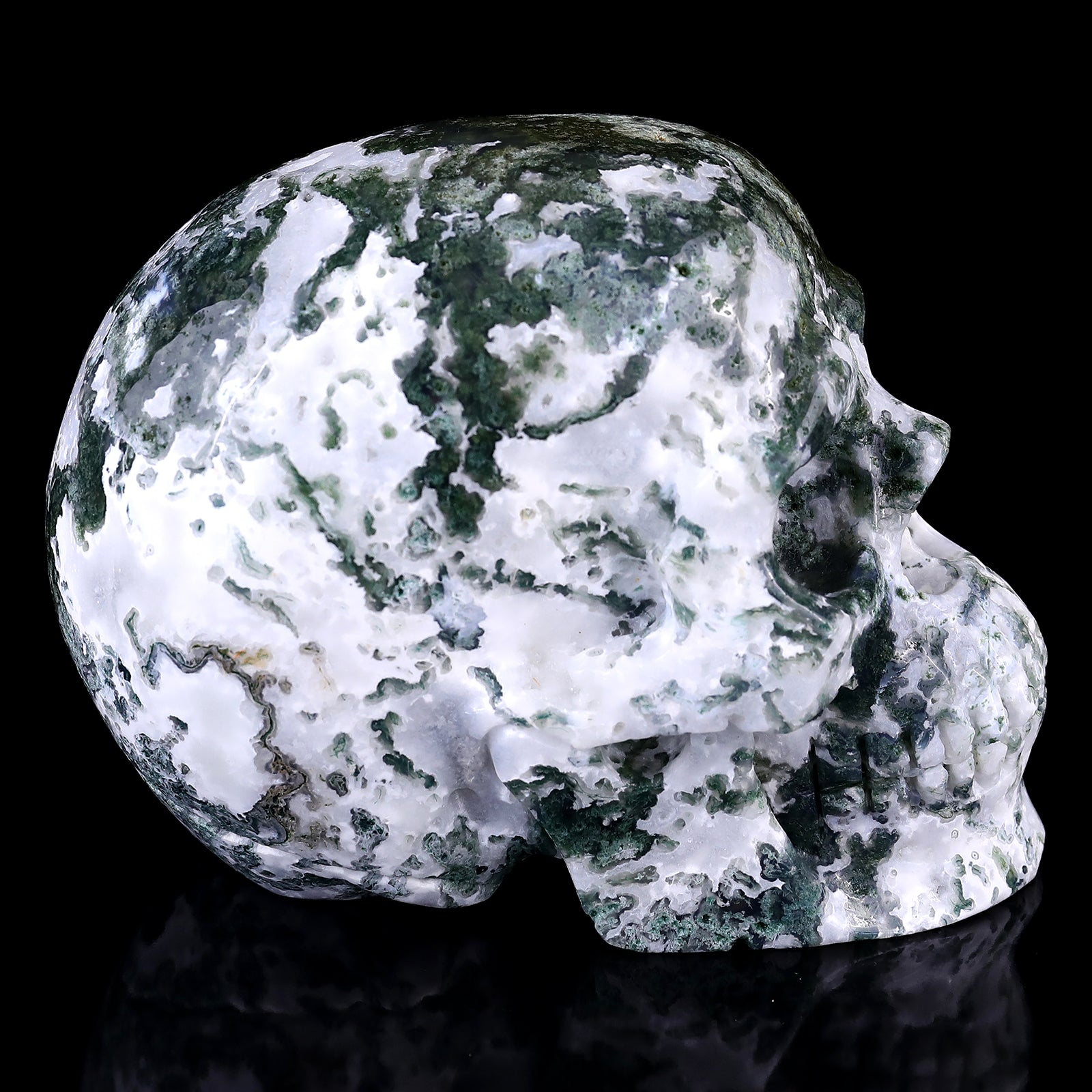 5.4" Moss Agate Hand Carved Crystal Realistic Skull Sculpture Crystallumi