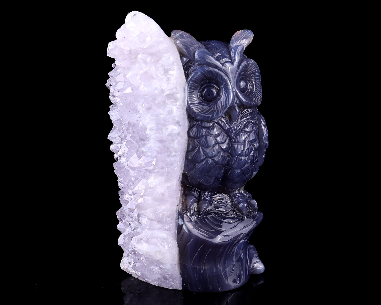 5.5" Quartz Rock Druse Hand Carved Crystal Owl Sculpture Crystallumi