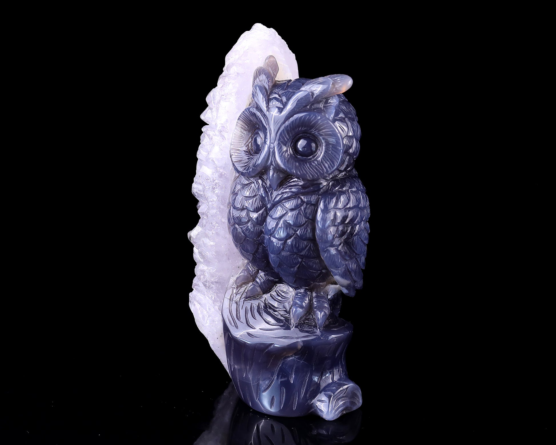 5.5" Quartz Rock Druse Hand Carved Crystal Owl Sculpture Crystallumi