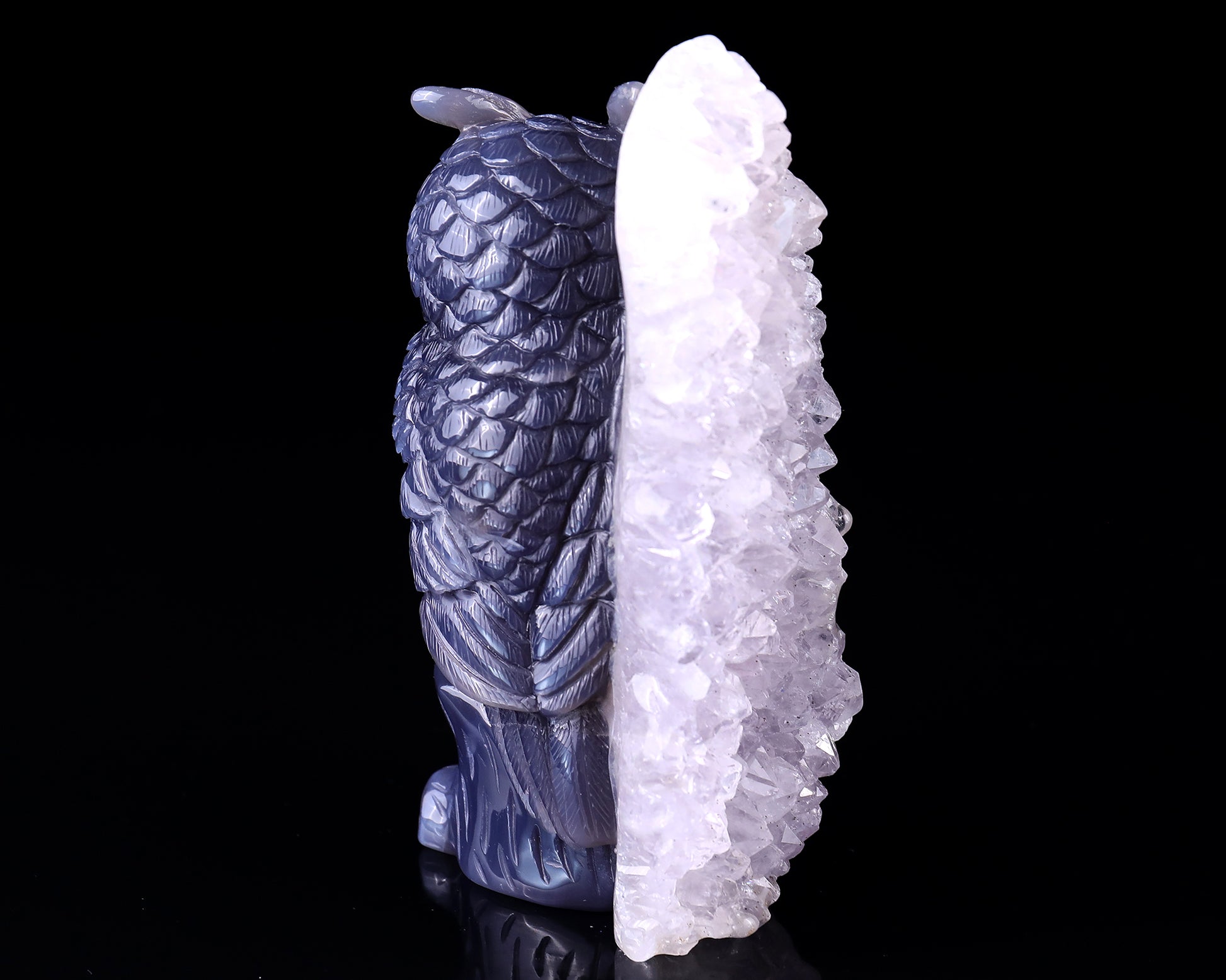 5.5" Quartz Rock Druse Hand Carved Crystal Owl Sculpture Crystallumi