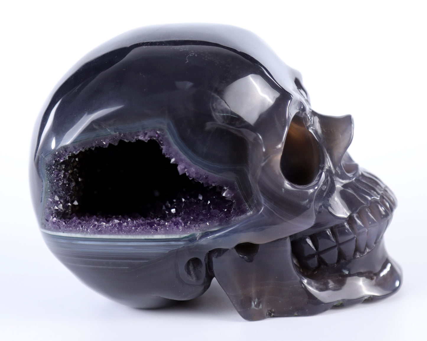 5.7" Amethyst Hand Carved Crystal Geode Skull Sculpture Crystallumi