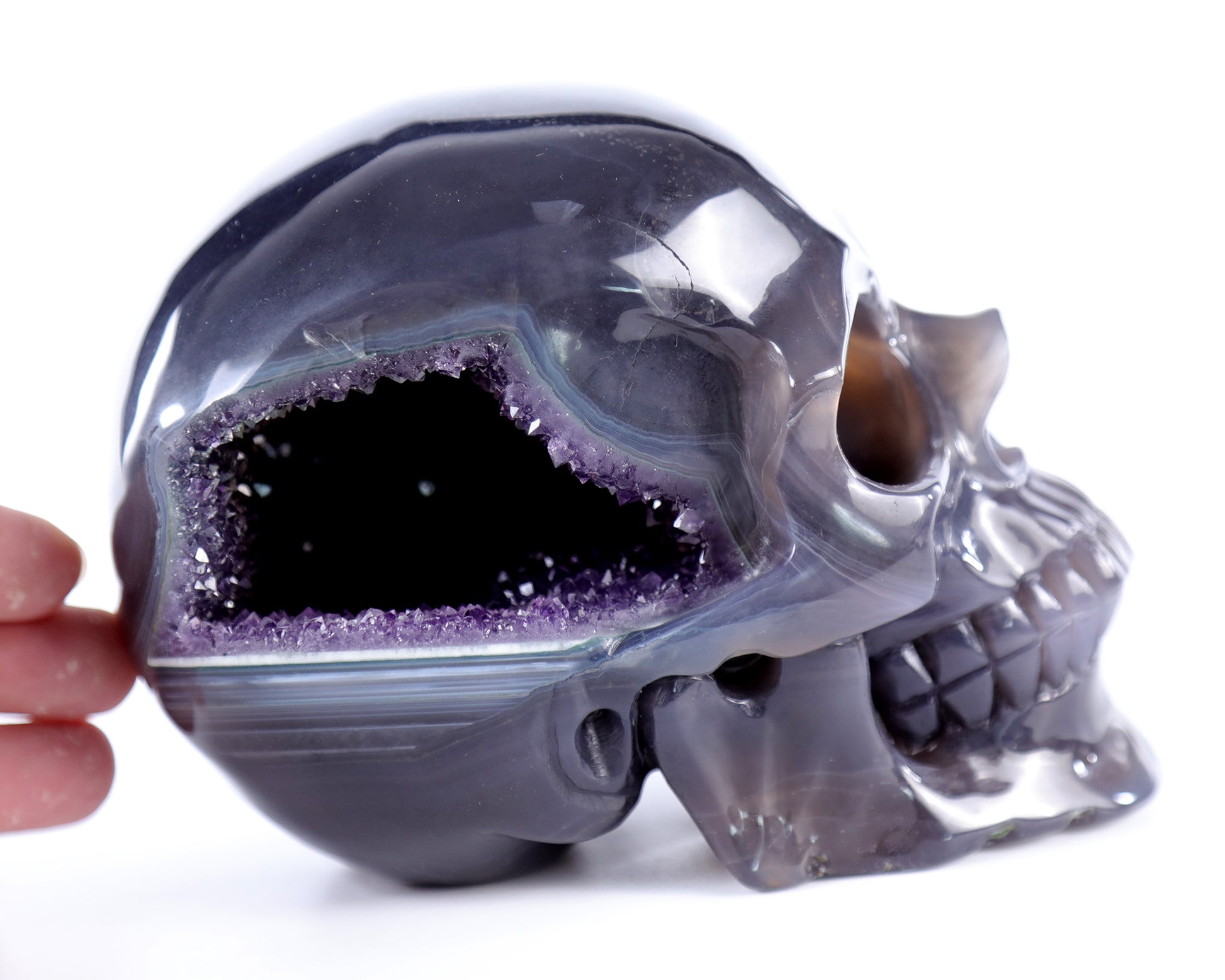 5.7" Amethyst Hand Carved Crystal Geode Skull Sculpture Crystallumi