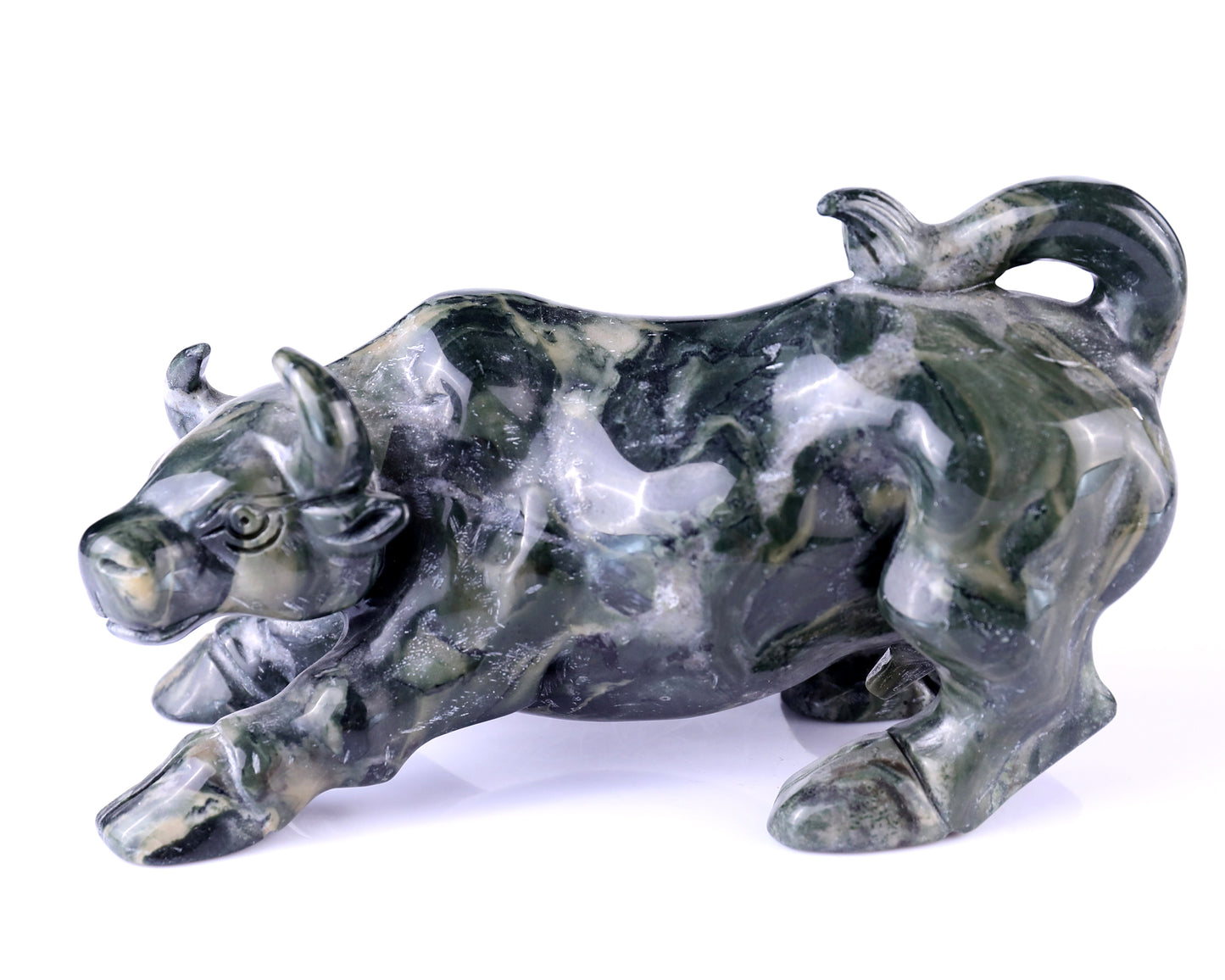 5.7" Jiulong Jade Hand Carved Crystal Cattle Sculpture Crystallumi