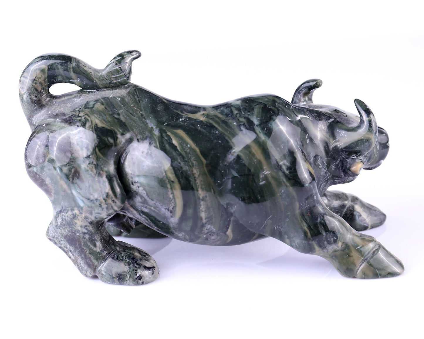 5.7" Jiulong Jade Hand Carved Crystal Cattle Sculpture Crystallumi