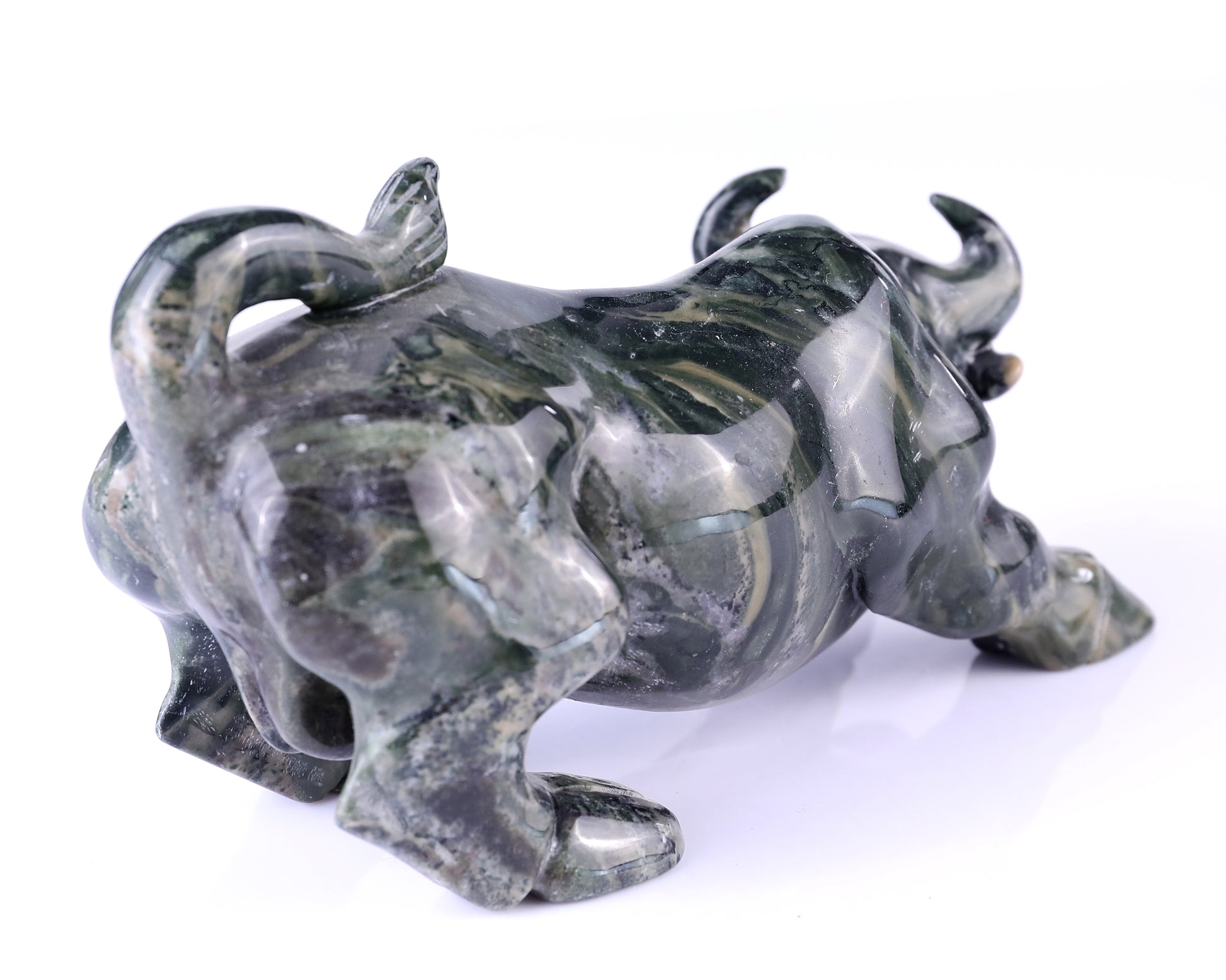 5.7" Jiulong Jade Hand Carved Crystal Cattle Sculpture Crystallumi