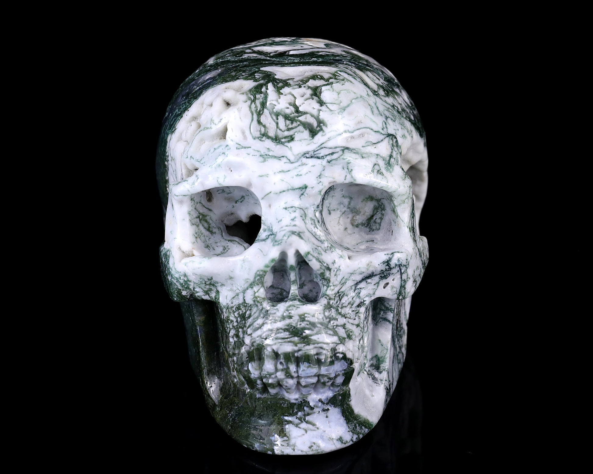 5.7" Moss Agate Hand Carved Crystal Realistic Skull Sculpture Crystallumi