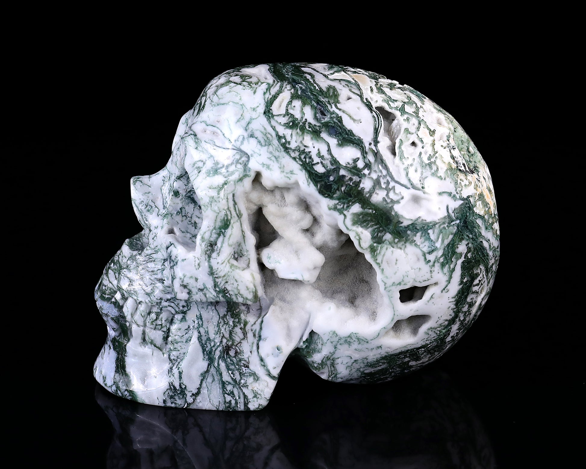 5.7" Moss Agate Hand Carved Crystal Realistic Skull Sculpture Crystallumi