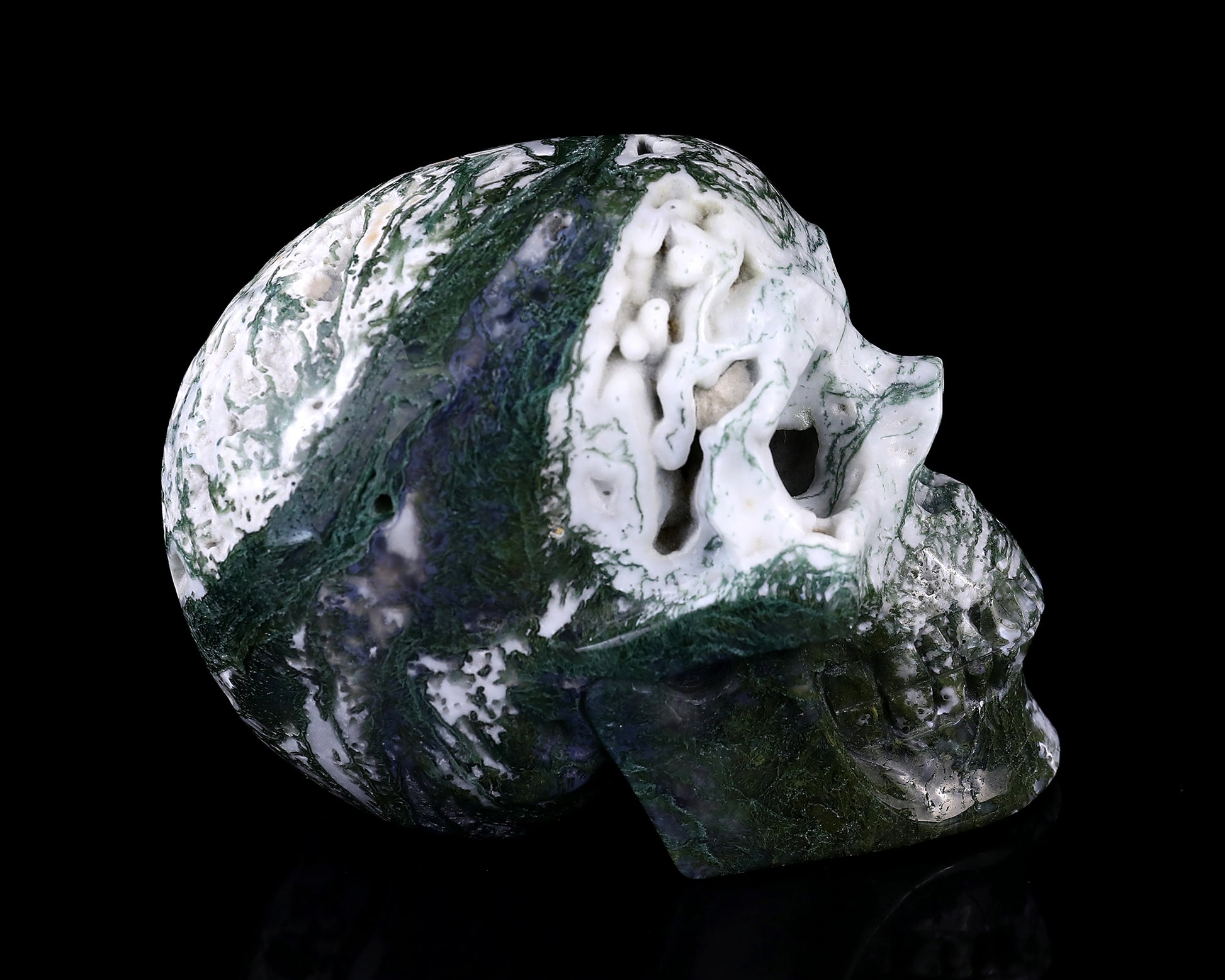 5.7" Moss Agate Hand Carved Crystal Realistic Skull Sculpture Crystallumi