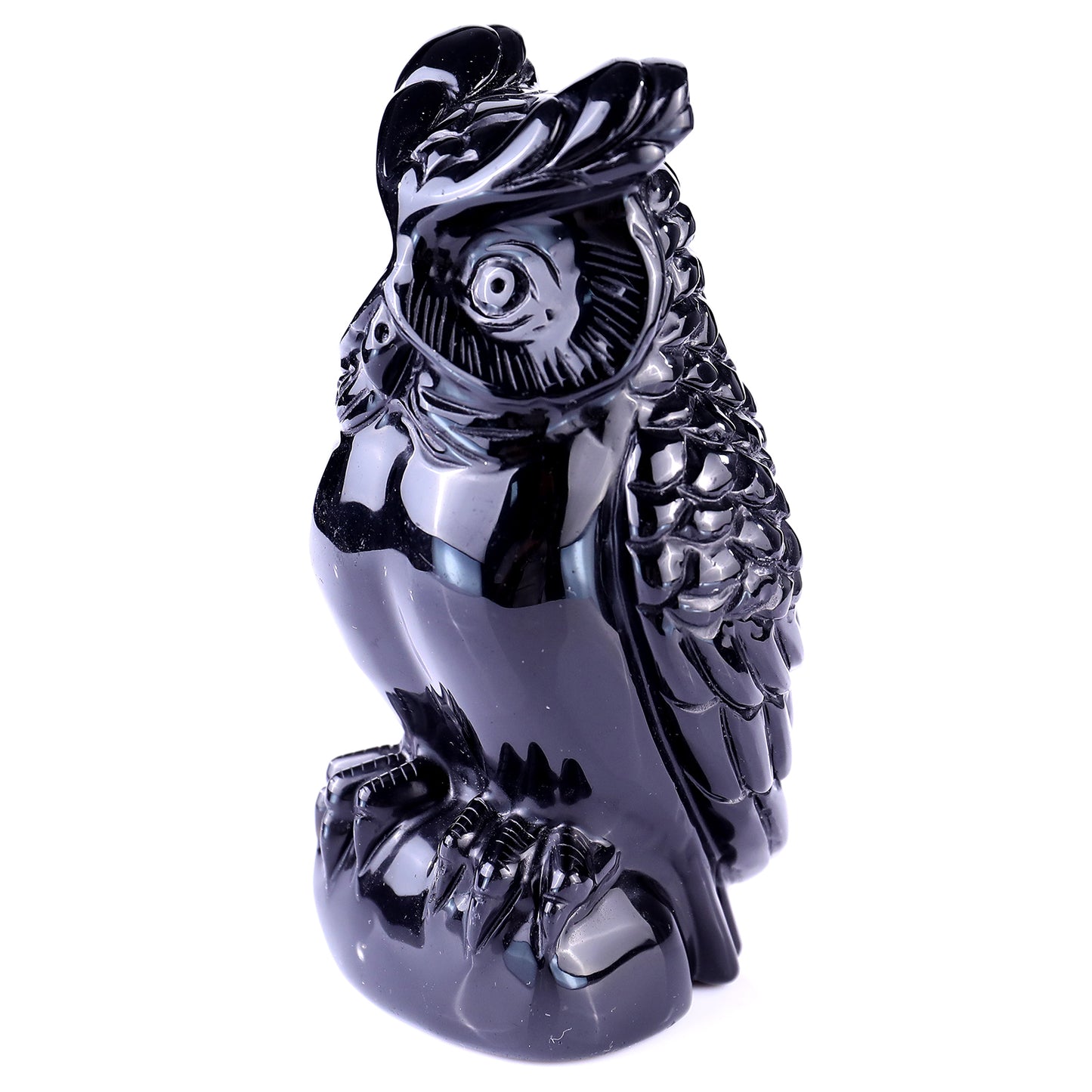 5.8" Black Obsidian Hand Carved Crystal Owl Sculpture Crystallumi