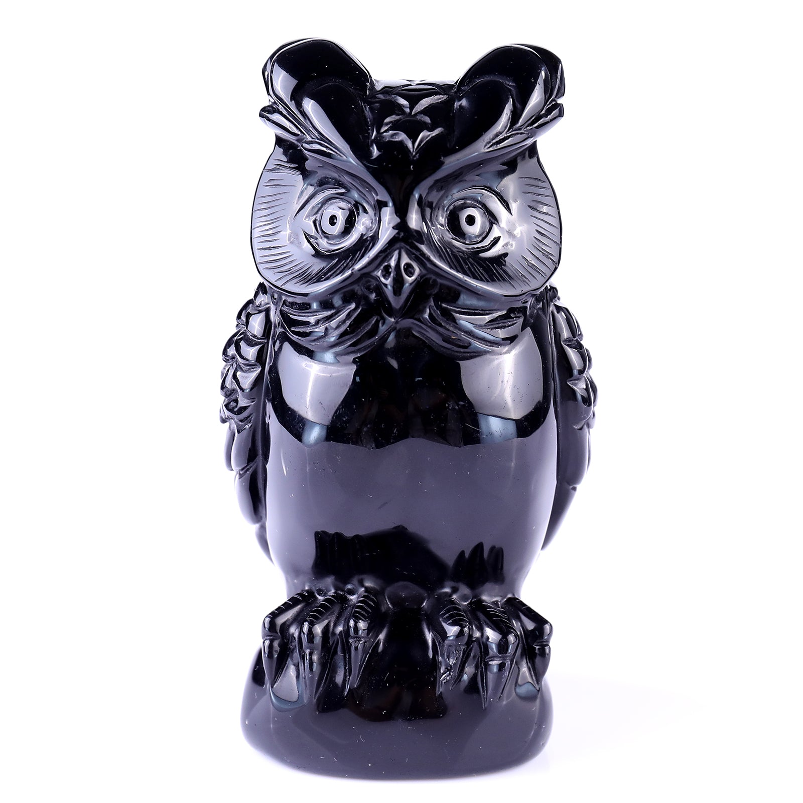 5.8" Black Obsidian Hand Carved Crystal Owl Sculpture Crystallumi