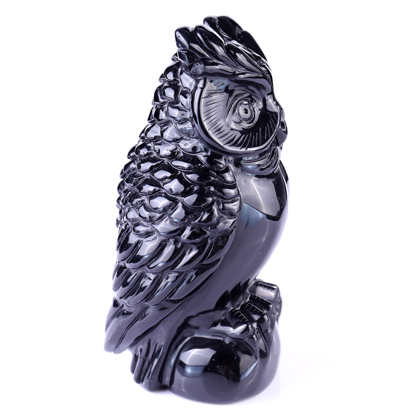 5.8" Black Obsidian Hand Carved Crystal Owl Sculpture Crystallumi