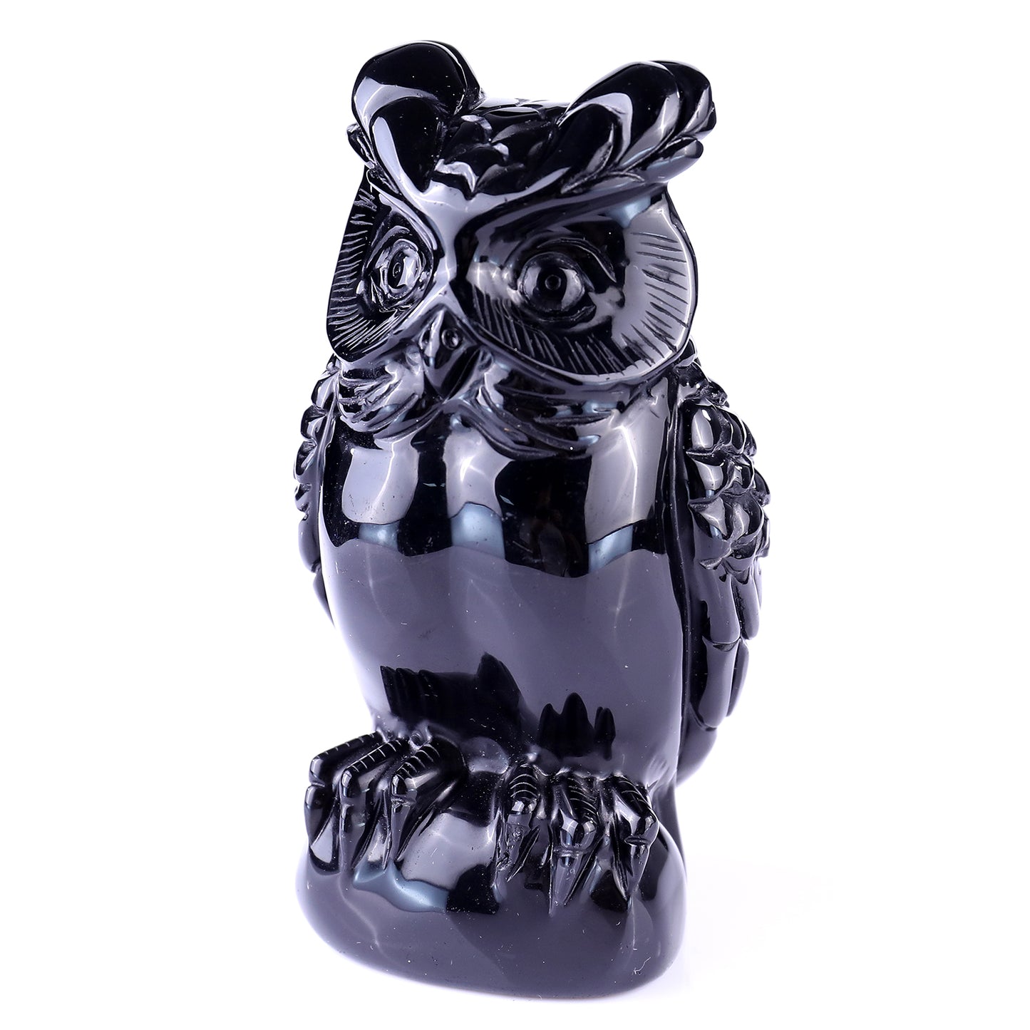 5.8" Black Obsidian Hand Carved Crystal Owl Sculpture Crystallumi